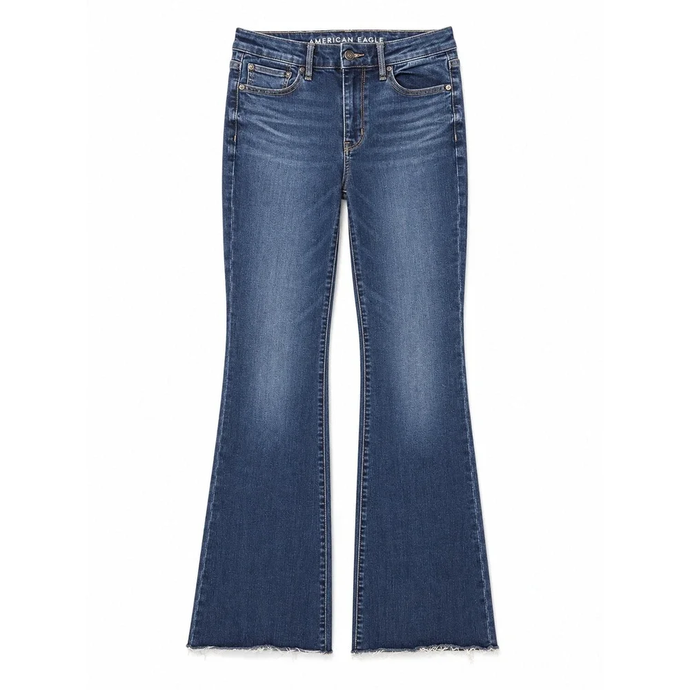 American Eagle Curvy Super High-Rise Flare Jeans Dark Wash Raw Hem Womens Size 6